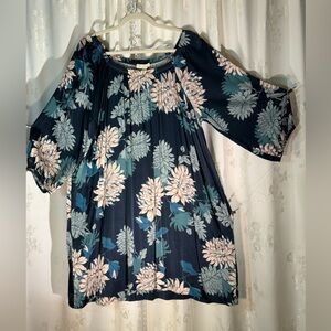 Navy Floral Off-Shoulder Swing Dress w/Pockets